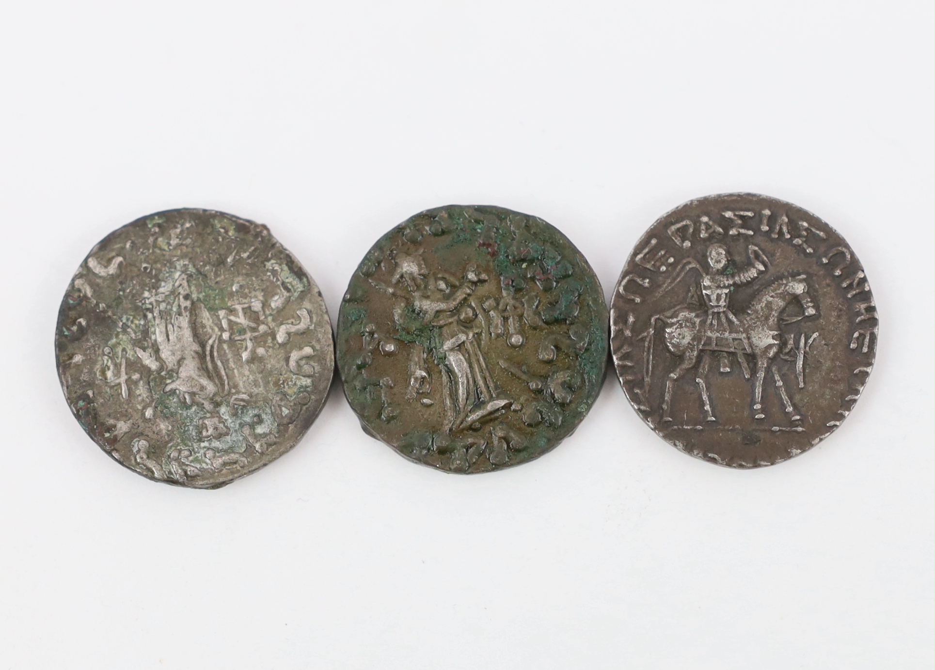 Indo-Scythian coins, two AR Tetradrachm, Azes II (35-12BC), 9.47 and 9.63g and Azes I tetradrachm, 9.48g (3)